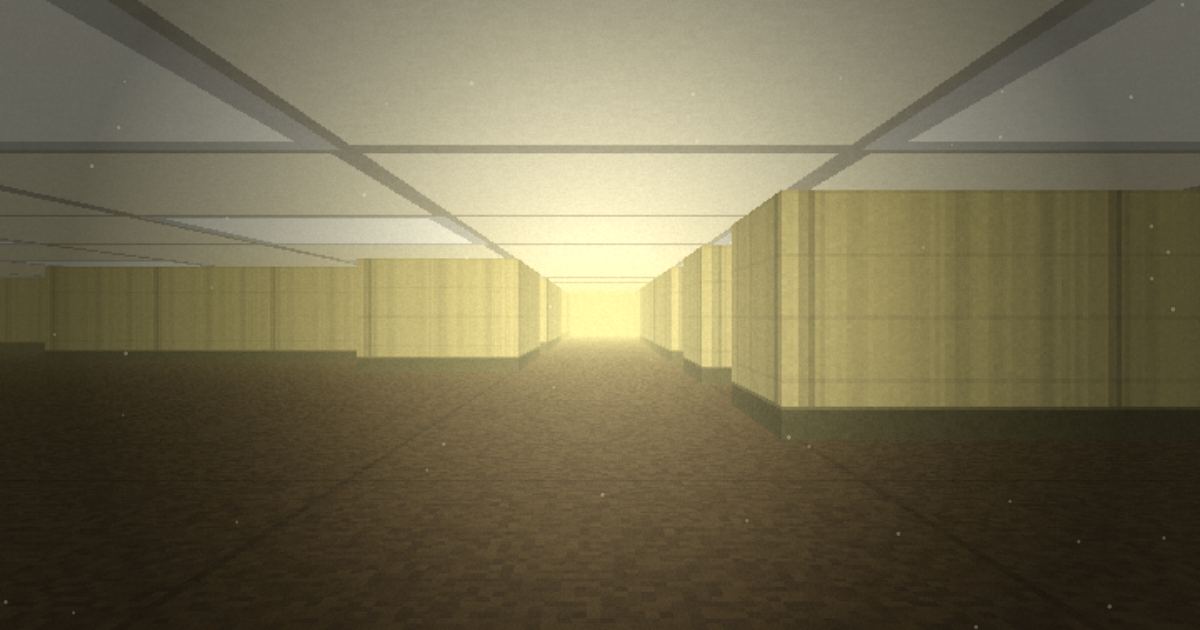 Yellow walls under a drop ceiling, running into light — level 0, drawn by the game's engine.
